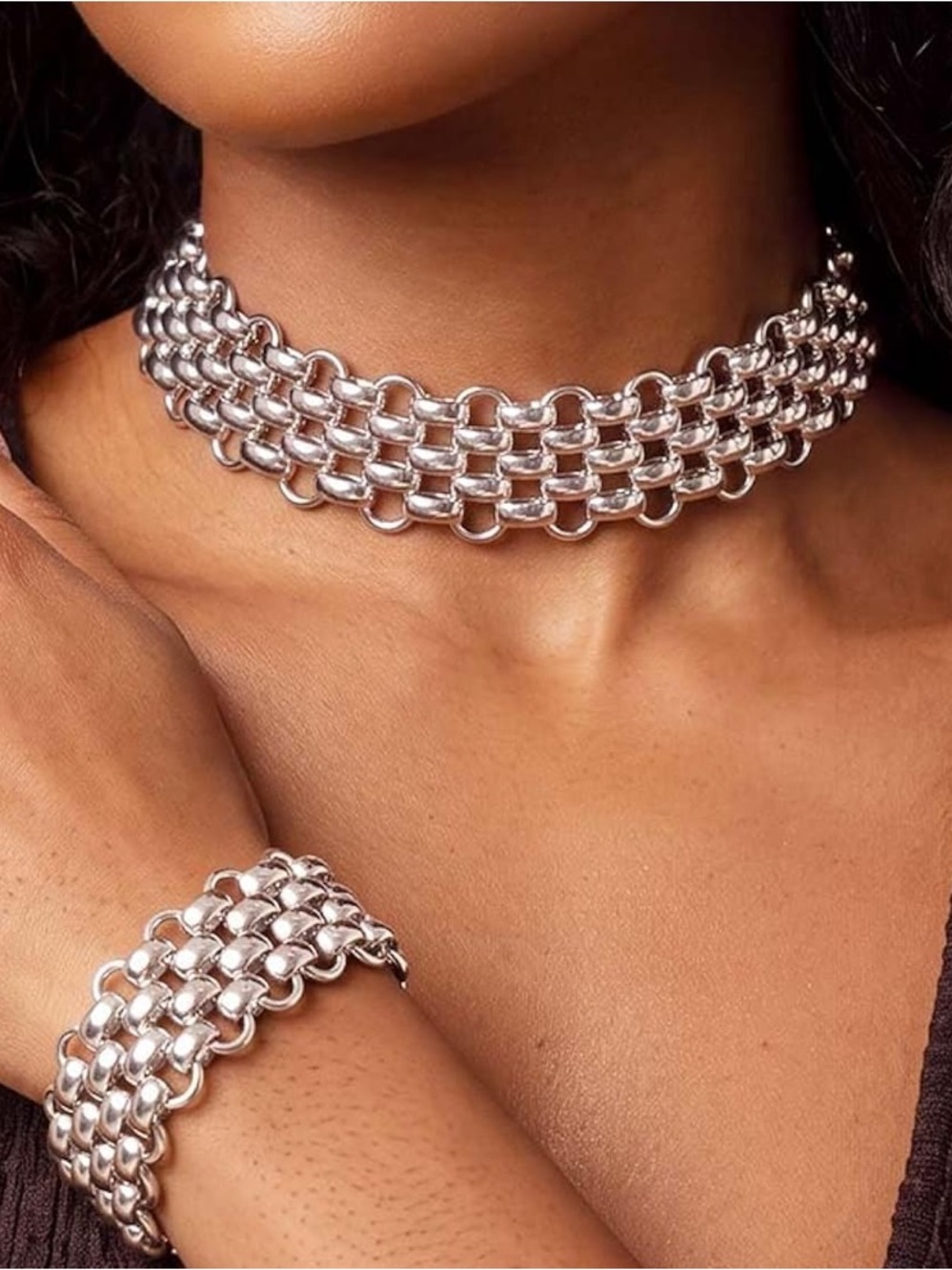 Anthropologie Polished Silver Multi-Row Link Choker